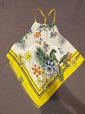 O.L.M yellow white floral print bandana style halter top, size medium
